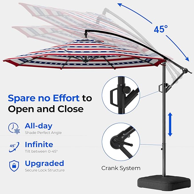 HOMSHADE 10ft Offset Patio Umbrella - w/Base, Cantilever Offset Hanging Patio Outdoor Market Umbrella UPF50+ UV Protection with Easy Tilt and Crank for Pool Deck and Garden(Red & Blue Star Stripes)