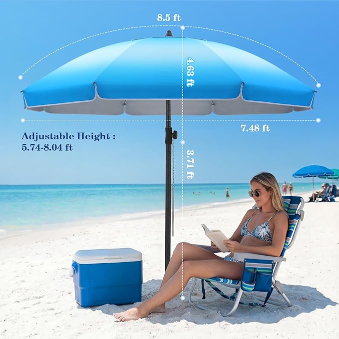 UIRWAY Beach Umbrella, Heavy Duty Windproof Beach Umbrellas with Sand Anchor & Tilt, Sun Protection Portable Beach Umbrella with Carrying Bag for Beach, Patio Garden Pool Outdoor