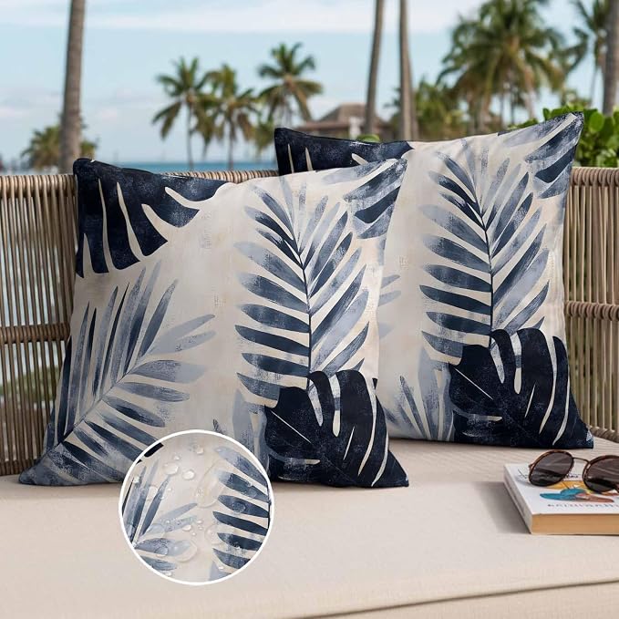 Pack of 2 Waterproof Outdoor Pillow Covers 26x26 Inch Decorative Pillow Covers Navy Blue Palm Leaves Throw Pillowcases Tropical Botanical Retro Outdoor Cushion Cover for Couch, Patio, Tent