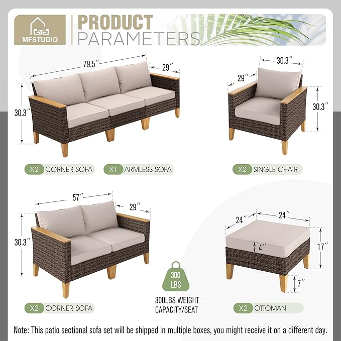 MFSTUDIO 9 Piece Wicker Patio Furniture Set, 2 x Single Chair, 2 x Ottoman, Loveseat Sofa, 3-Seat Sofa, All-Weather Outdoor PE Rattan Patio Conversation Set for Garden, Backyard(Beige Cushions)