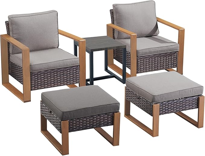 Rilyson Outdoor Wicker Patio Furniture Set - 5 Piece Patio Conversation Set with 2 Wicker Armrest Chairs,2 Rattan Ottoman, 1 Side Table, Sturdy Frame, Thick Cushions, Deep Seating(Brown/Grey)