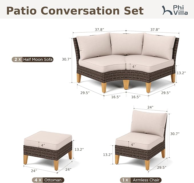 PHI VILLA 7-Piece Wicker Patio Furniture Set, Outdoor Half-Moon Curved Sectional Sofa with Thick Beige Cushions, 4 Ottomans, Large Conversation Seating for Garden or Backyard