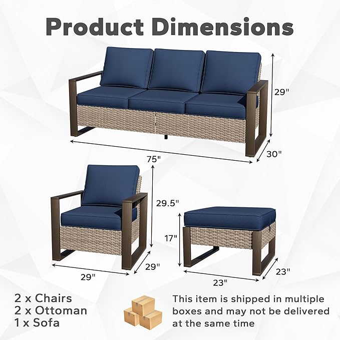 Joyside Outdoor Patio Chairs, 5 Pieces Wicker Rattan Furniture Set, 2 Patio Chairs, 1 Sofa and 2 Ottoman, Metal Wide Armrest, Thick Cushions and Deep Seating for Garden, Backyard, Porch, Deck