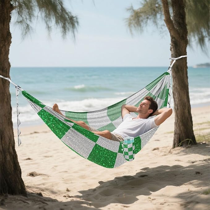Fake Glitter Checkerboard Squares White Green 330lb Capacity Outdoor Hammock with Tree Straps Rope Hammock for Outside Patio Backyard Poolside hamaca para adultos