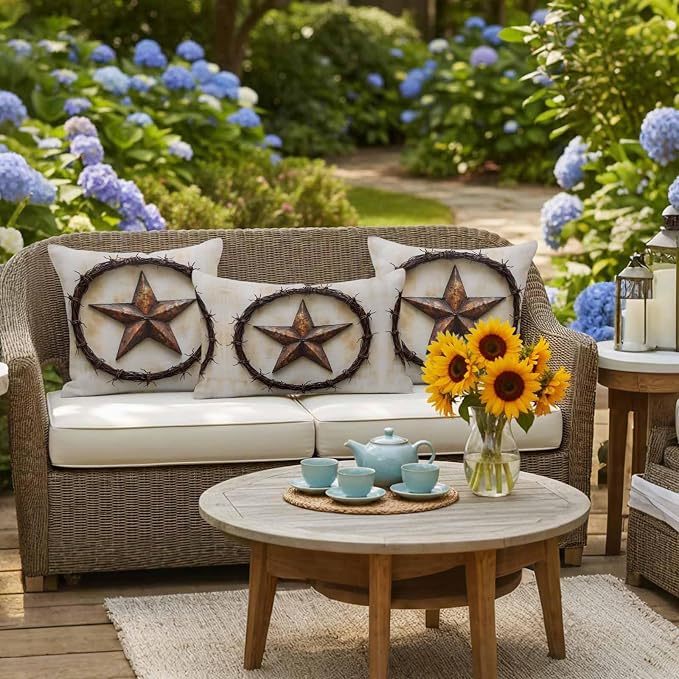 Texas Star Rustic Waterproof Outdoor Pillow Covers Set of 2 Home Decor, Vintage Country Stars Modern Abstract Pillowcase Patio Pillow Covers for Couch Bench Furniture Garden 26x26in