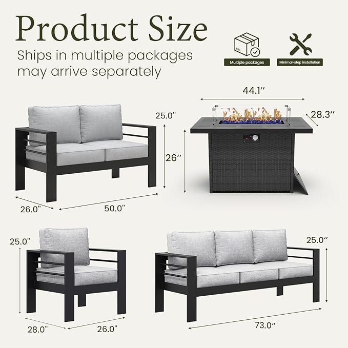 LayinSun Aluminum Furniture Set with Fire Pit Table, 5 Pieces Patio Sectional Conversation Chat Sofa Modern Seating Set