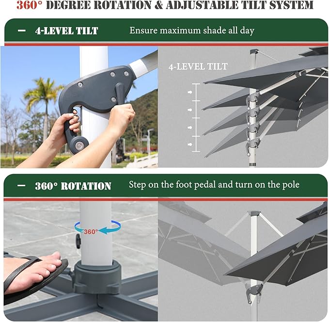 Cantilever Patio Umbrella with Cross Base and Cover Included - 360° Rotation Large Heavy Duty Offset Outdoor Umbrella with Easy Tilt for Pool Backyard Deck Garden (10x13 FT Grey)