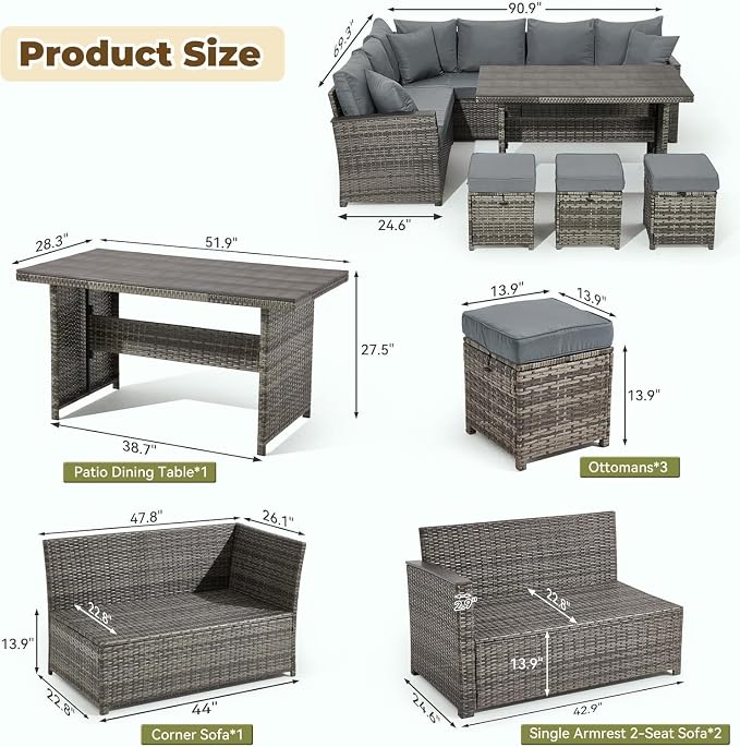 7 Pieces Patio Furniture Set with Dining Table, Outdoor Conversation Sectional Sofa Set Featuring 3 Ottomans, Thick Cushions and Pillows, Rattan Garden Lounge Seating for Deck, Backyard, Porch Use