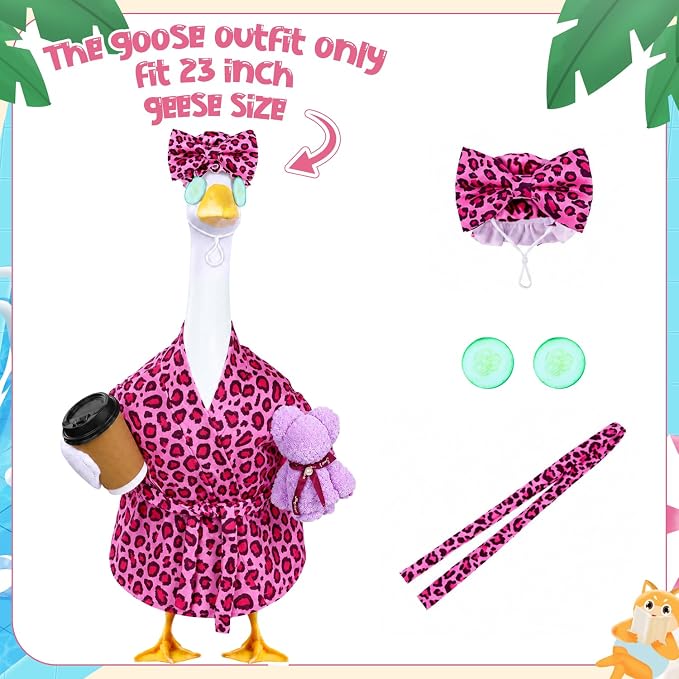 Celltestria Lady Goose Outfits for 23" Geese Bathrobe Rose Pink Leopard Porch Goose Costume Coffee Cup Bear Cucumber Eye Mask Goose Clothes for Outdoor Patio Yard Lawn Garden Decoration