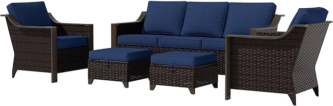 5 Piece Wicker Patio Conversation Set, All-Weather Use Outdoor 2 PE Rattan Chair, 2 Ottoman, 1 Patio Sofa, Removable Water-Resistant Cushion, Ideal for Porch, Backyard, Balcony, Poolside, Blue
