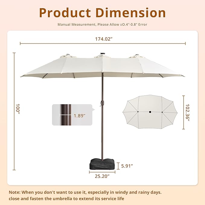 15ft Patio Umbrella with Base Included, Rectangle Double Patio Umbrellas with Crank Handle 12 Ribs, Heavy Duty Large Table Umbrella for Pool Deck Garden Party Commercial