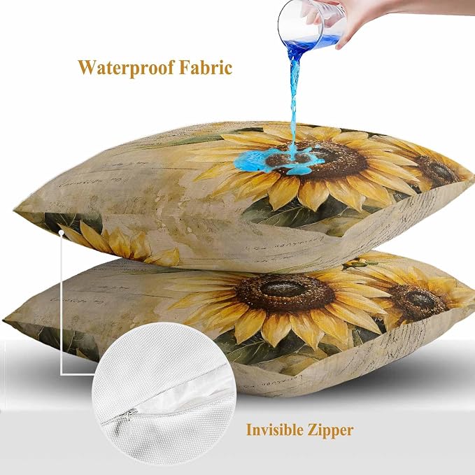 Retro Sunflower Outdoor Waterproof Throw Pillow Covers Set of 2, 26"x26", Pastoral Floral Painting Newspaper Background Decorative Pillow Covers Outside Cushion Case for Patio Porch Garden