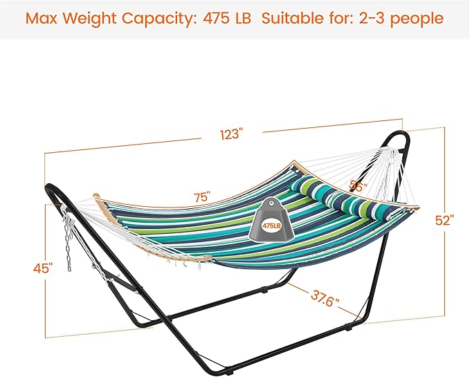 Yaheetech Hammock with Stand Set, Heavy-Duty Double-Pipe Steel Hammock with Frame & Removable Pillow for 2-3 People Outdoor, Porch, Patio, Deck and Backyard, Max.Weight Capacity 475LB - Green Stripe