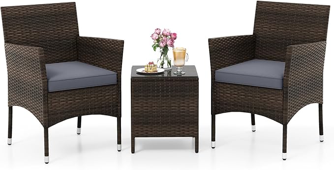 RELAX4LIFE 3-Piece Patio Furniture Set - Rattan Wicker Outdoor Conversation Set w/Cushions & Glass Coffee Table, Balcony Furniture for Porch Garden Backyard, Bistro Table and Chairs Set of 2 (Grey)