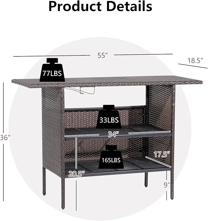 Tangkula Outdoor Wicker Bar Table, Patiojoy All Weather Patio Bar Height Table with 2 Metal Mesh Shelves & 2-Rail Steel Stemware Racks, Rattan Bar Counter Table for Backyard, Poolside (Mix Brown)