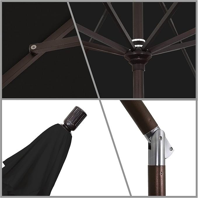 California Umbrella 9' Round Aluminum Patio Umbrella, Crank Lift, Collar Tilt, Bronze Pole, Black Olefin