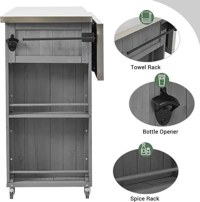 Outdoor Kitchen Island Fir Wood Kitchen Island with Stainless Steel Top,Ample Storage Space, Towel and Spice Racks and a Bottle Opener for Outdoor (Grey@53)