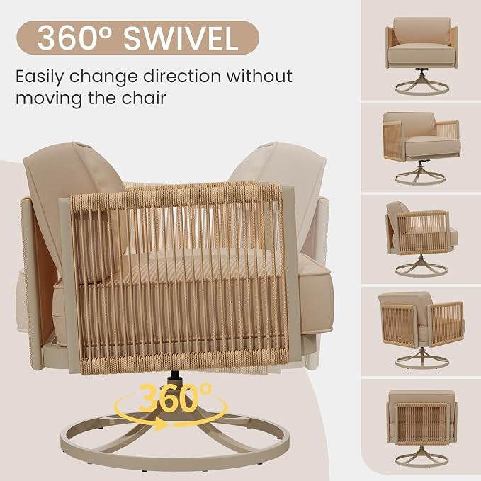 EROMMY 3 Pieces Patio Furniture Set, Metal Frame Outdoor Swivel Glider Rocking Chairs with 6" Thick Cushions & Metal Table, Patio Conversation Sets for Backyard, Poolside & Balcony, Beige
