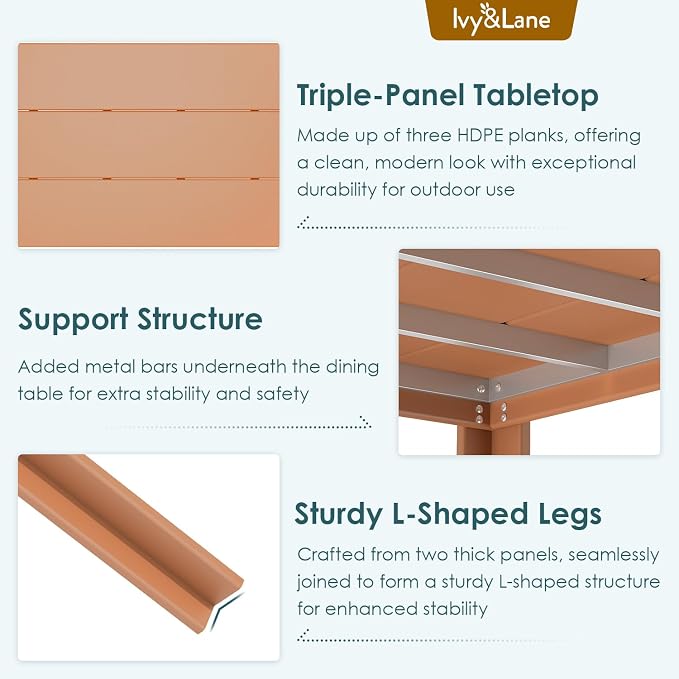 IVY&LANE Outdoor Dining Table | HDPE | 67’’ Rectangle Tables | Teak | All Weather | Umbrella Hole | Patio Furniture | for Poolside Lawn Garden Backyard