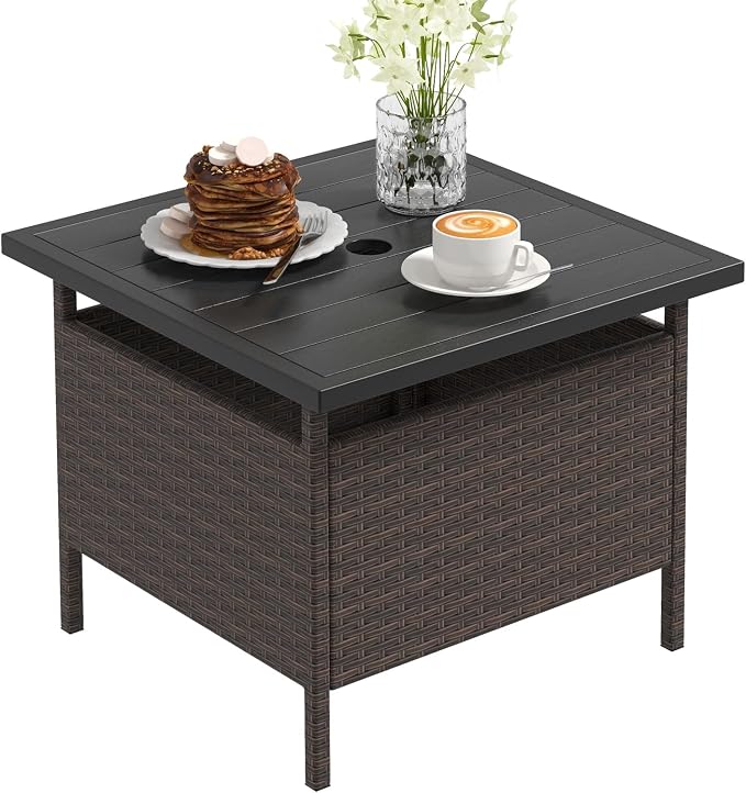 RELAX4LIFE Patio Table with Umbrella Hole, Wicker Rattan Bistro Dining Side Table with Metal Frame, 22'' Square Umbrella Stand Holder for Poolside Backyard Garden Deck, Outdoor Side Table