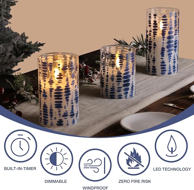 Eywamage Blue Dots Flameless Candles in Glass Jars, Flickering Battery LED Pillar Candles with Remote Set of 3