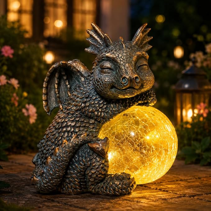 Solar Dragon Garden Statue, Dragon Solar Lights with Crackled Glass Globe | Solar Dragon Statue with Glowing Light, Fantasy Outdoor Decor for Garden, Patio, Yard, Fairy Ggarden and Dragon Lovers Gifts