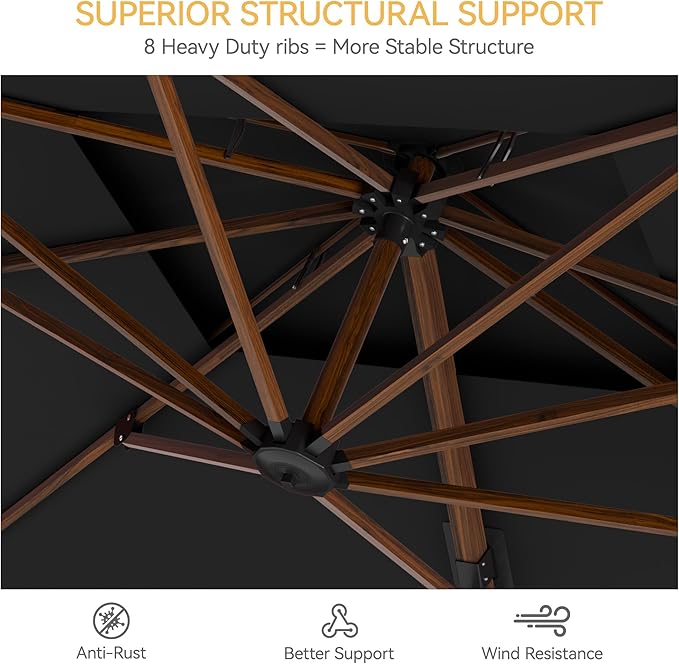 10x13 FT Wood Pattern Patio Umbrella with Base, Large Deluxe Cantilever Rectangular Double Top Heavy Duty Offset Umbrellas with 360° Rotation, Outdoor shade for Garden Pool Patio, Black
