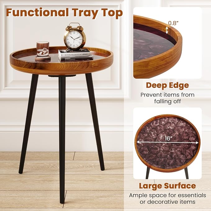 Giantex Outdoor Side Table, Round End Table with Epoxy Resin Finish, Sea Shell Decoration, Mahogany Wood Frame, Tray Top, Patio Side Table for Living Room, Pool, Yard, Porch (Brown, 16” x 16” x 19.5”)