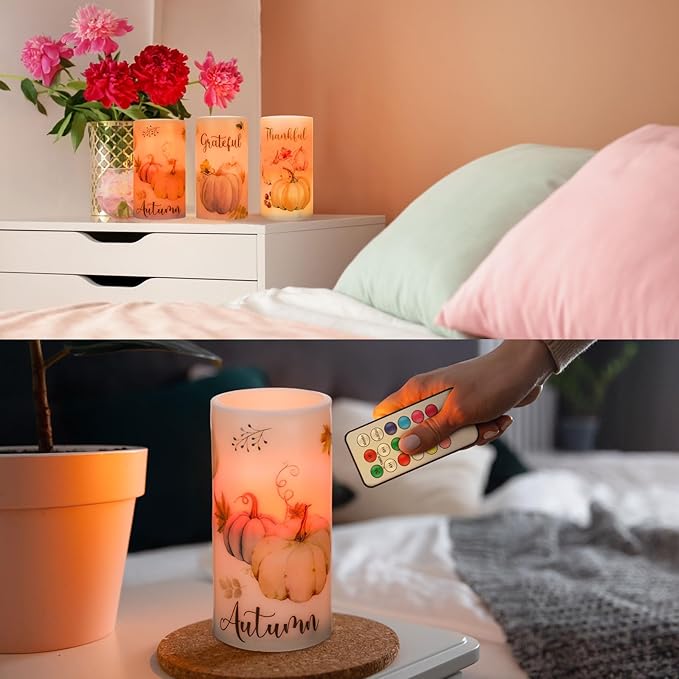 Retisee 3 Pcs Farmhouse Thanksgiving Flameless LED Candles Thanksgiving Battery Operated Candles with Remote Control Thankful Grateful Pumpkin Decor for Table Centerpiece Bedroom Autumn Harvest Decor