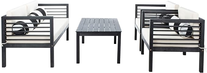 SAFAVIEH Outdoor Collection Alda Black/ Beige Cushions/ Striped Bolster Pillows 4-Piece Conversation Patio Set