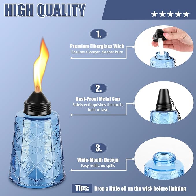 4-Pack Glass Table Top Torches - 12oz Refillable Citronella Torches Canisters for Outdoor, Includes Wick & Cap, Decorative Lanterns for Patio, Garden, Yard, Party, Landscape(Blue)
