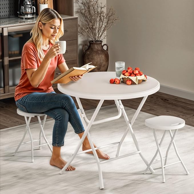 Magshion 31" Round Folding Table White Foldable Plastic Card Outdoor Utility Tables for Picnic Party Dining