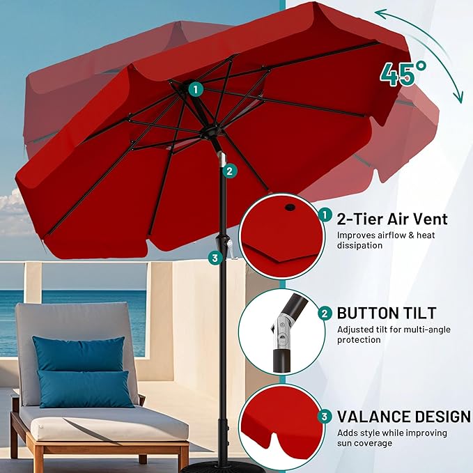 AreShark 10ft 2-Tier Patio Umbrella with Valance - Outdoor Umbrella Waterproof UV Protection, Market Table Umbrella w/Push Button Tilt&Crank for Pool, Balcony, Garden(Red)
