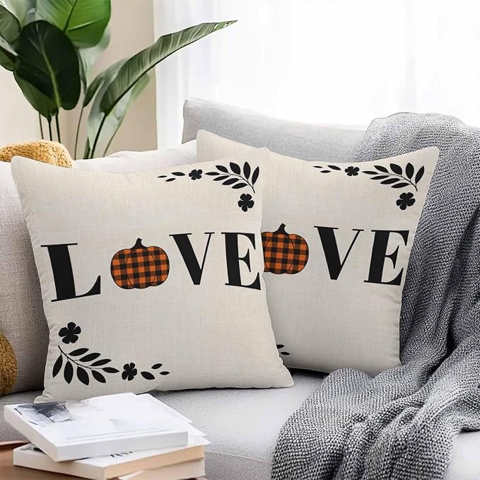 Orange Pumpkin Outdoor Waterproof Pillow Covers, Fall Leaves Love Heart Beige Pastoral Decorative Square Throw Pillowcase Sofa Cushion Sham for Patio/Couch/Chair, 16"x16" 2 Pack