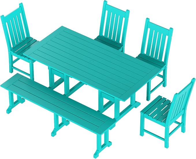WestinTrends Malibu 6 Piece Outdoor Dining Set with Bench, All Weather Poly Lumber Patio Table and Chairs Set, 71" Trestle Dining Table with Umbrella Hole, 5 Patio Chairs with Bench, Turquoise