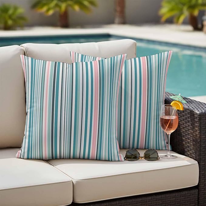 Outdoor Waterproof Throw Pillow Covers Set of 2 Turquoise Blue Striped Pillowcases 18x18 Inches Geometric Pink Stripes Decorative Pillows Cushion Case Patio Pillows for Couch Bed Chair Garden