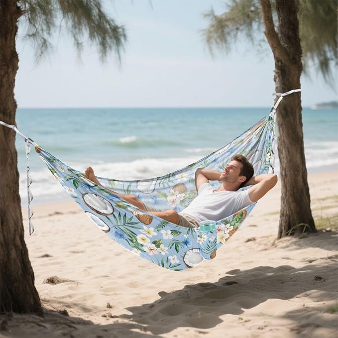 Camping Hammock Outdoor Hammocks for Outside Coconut Tropical Flowers Beach Trees Portable Lightweight with Pockets Tree Straps Indoor