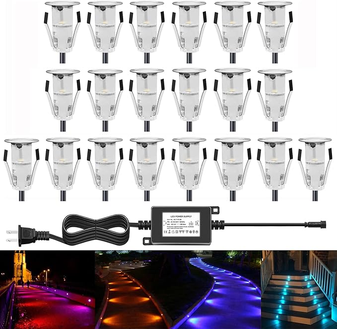 LED Deck Lights Multi-Color RGB Waterproof Recessed Wood Decking 0.7" Tiny Deck Driveway Light Dock Path Step Road Light Outdoor and Indoor Decoration Security Lighting (RGB, 20pcs)