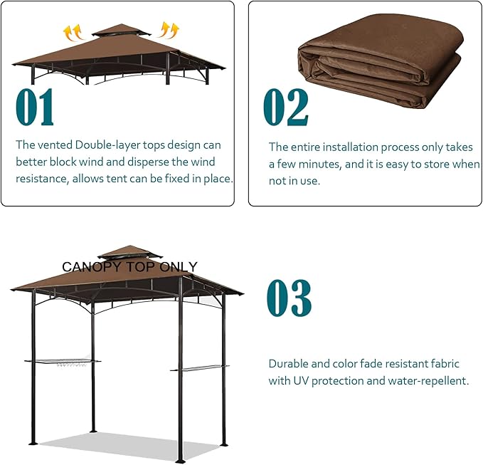 Grill Gazebo Replacement Canopy Top - Wonwon 5x8 Gazebo Roof Double Tiered Outdoor BBQ Roof Cover Grill Shelter Only Fit for Model L-GG001PST-F (Brown)