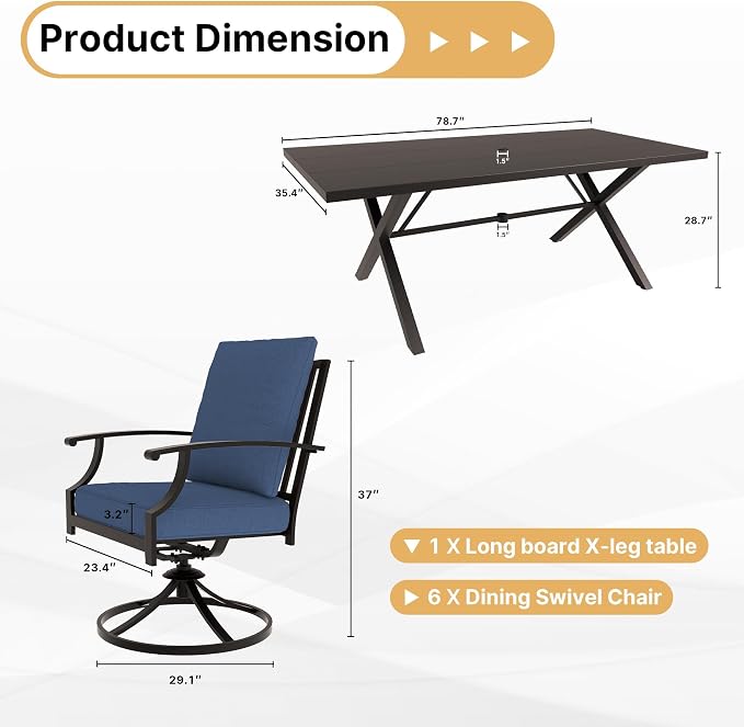 Gotland 7 Piece Outdoor Dining Set, Metal Outdoor Table and Swivel Chairs with X-Shaped Legs 1.5" Umbrella Hole, Patio Furniture Set with Waterproof Cushions, Patio Dining Sets for Backyard Deck Navy