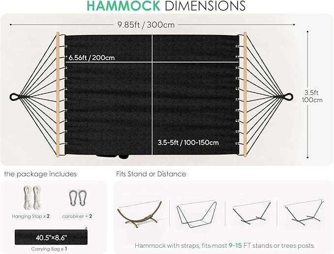 Hammock for Outside, Double Hammocks Without Stand, 2 Person, Spreader Wooden Bar, Side Storage, for Outdoor, Indoor, Patio (Black)