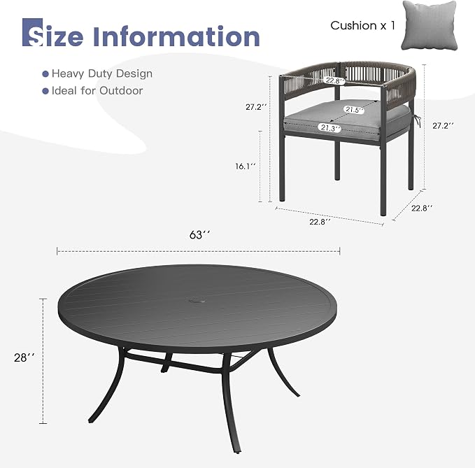 VICLLAX Patio Dining Set, 63" Black Table & 6 Chairs with Grey Cushion | Outdoor Table and Chairs Set of Round Metal Patio Table, Outdoor Dining Chairs with Metal Frame, Garden Deck Porch