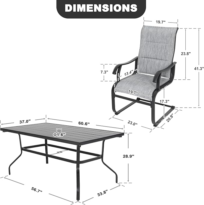 NUU GARDEN 7-Piece Outdoor Dining Set, 61" Rectangular Table with Umbrella Hole & 6 All-Weather Textilene Padded Chairs, for Patio Garden, Light Grey and Black