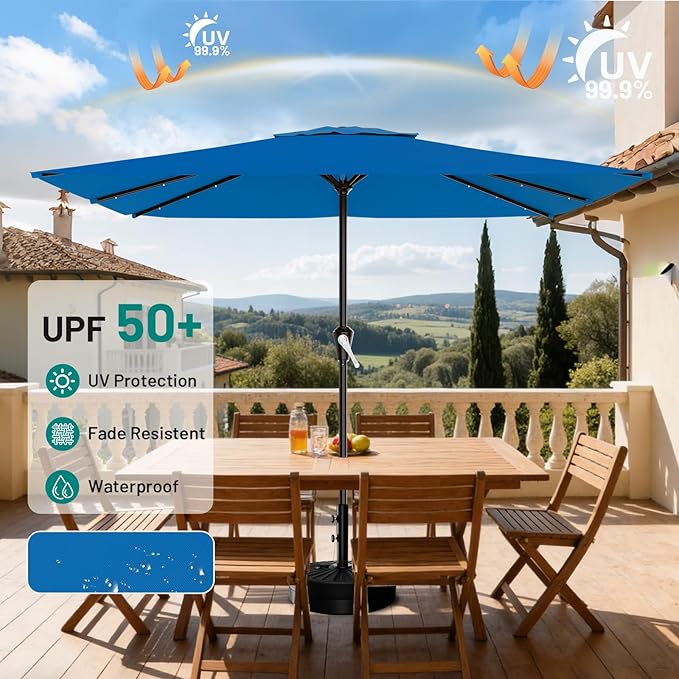 AreShark 8' X 10' Rectangular Patio Umbrella with Solar Lights, Lighted Solar Umbrella with Crank, Outdoor Table Umbrella for Garden, Deck, Backyard, Pool and Beach, Royal Blue
