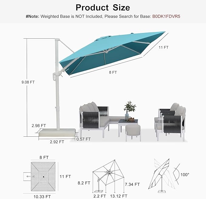 PURPLE LEAF 8' X 11.5' Right-left Tilt Patio Umbrella Swivel White Cantilever Umbrella with Tilt Aluminum Outdoor Umbrella with 360° Rotation for Deck Pool Garden, Turquoise