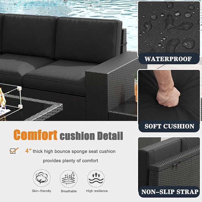 Patio Furniture Set with Fire Pit Table, 10 Pieces Outdoor All-Weather Wicker Conversation Sectional Chair Sofa Set with 2 Swivel Chairs