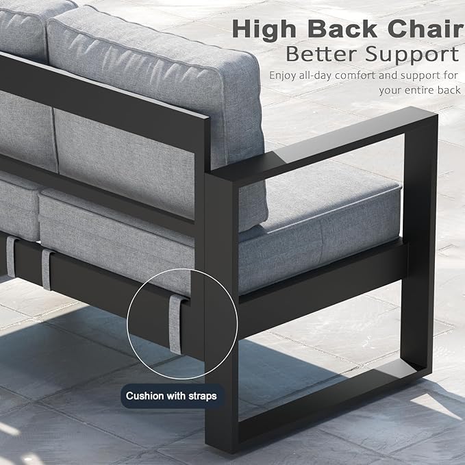 LayinSun 5 Pieces Aluminum Outdoor Patio Furniture Set, Metal Modern Conversation Sofa Set with Fire Pit Table and Washable Thick Cushions for Porch, Backyard, Deck