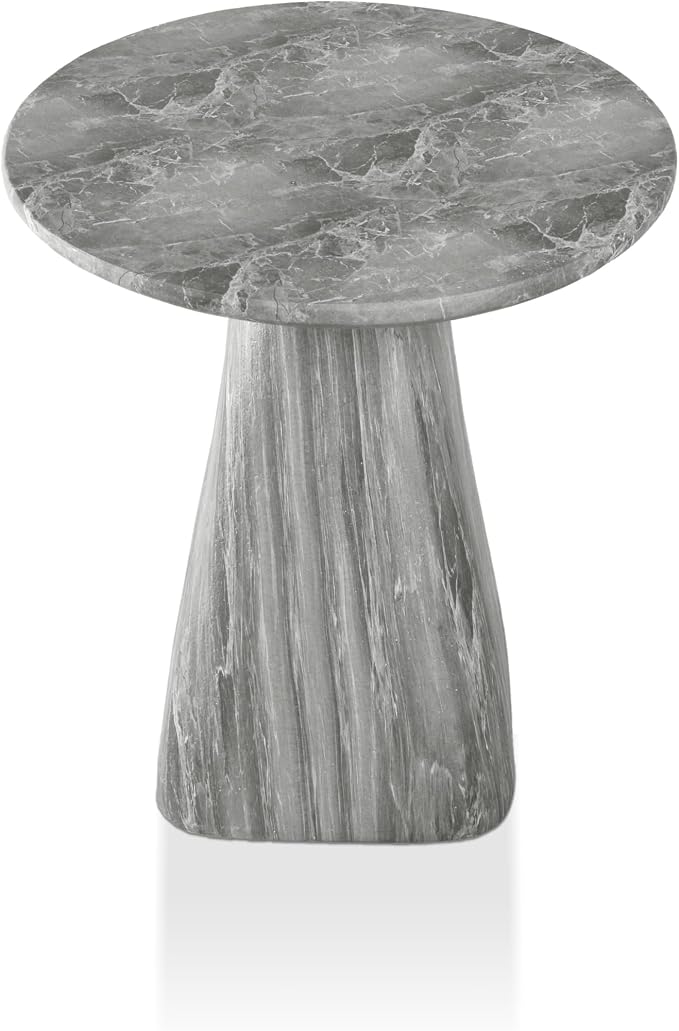 24/7 Shop at Home Ranera Modern 18-inch Natural Stone Side Table with Angular Pedestal Base, Marble Nightstand, Geometric Patio End Table, for Living Room, Covered Outdoor Spaces, Balcony, Gray Marble