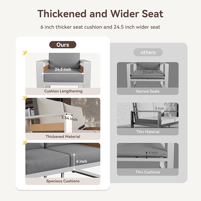 Aoxun Aluminum Patio Furniture Set, 5 Seats Luxury Metal Patio Conversation Sets with Coffee Table, 6'' Thick Cushions and 3-Seat Sofa, Modern Outdoor Furniture Set for Backyard/Poolside, Light Grey