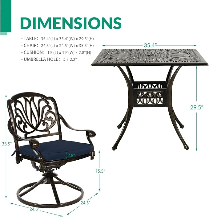 VIVIJASON 5-Piece Outdoor Patio Dining Set, All-Weather Cast Aluminum Conversation Set, Patio Furniture Set, Include 4 Swivel Dining Chairs, a 35.4" Square Table w/Umbrella Hole, Navy Blue Cushion